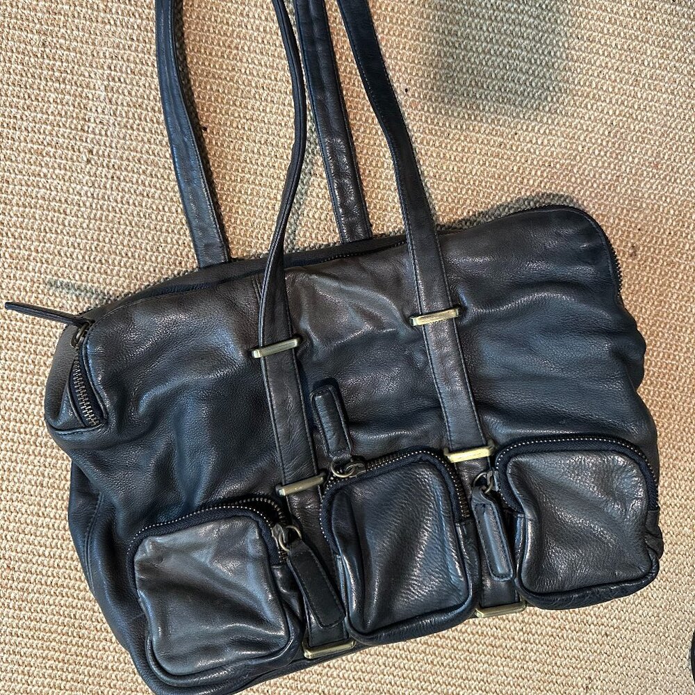 Brown Dunlin Lafayette square collapsible shoulder tote leather bag